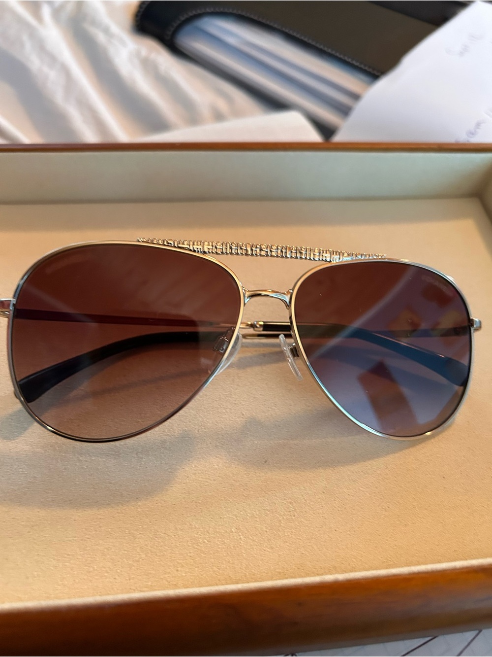 CHANEL Silver Aviator Sunglasses with Brown Gradient Lenses